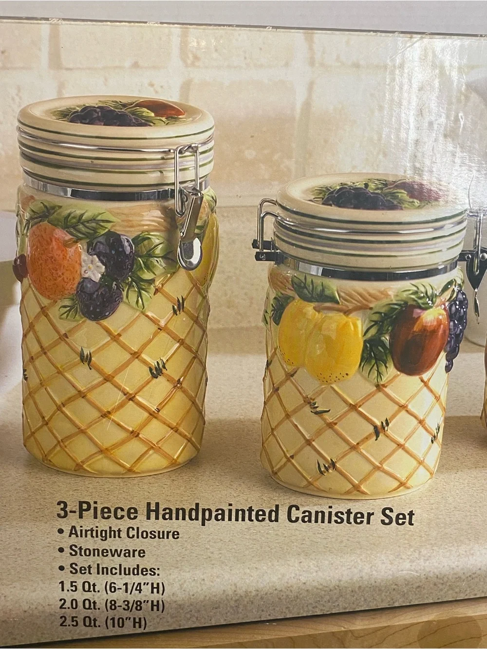 Vintage Gourmet 3 Piece Hand Printed Canister Set with Lids NIB Never Used Rare